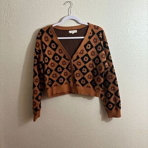 L.A. Hearts Black & Brown Checkered Cropped Long Sleeve Cardigan – Size Large